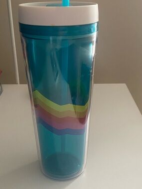 Blue Rainbow Stripe Double-Wall Travel Tumbler with Straw